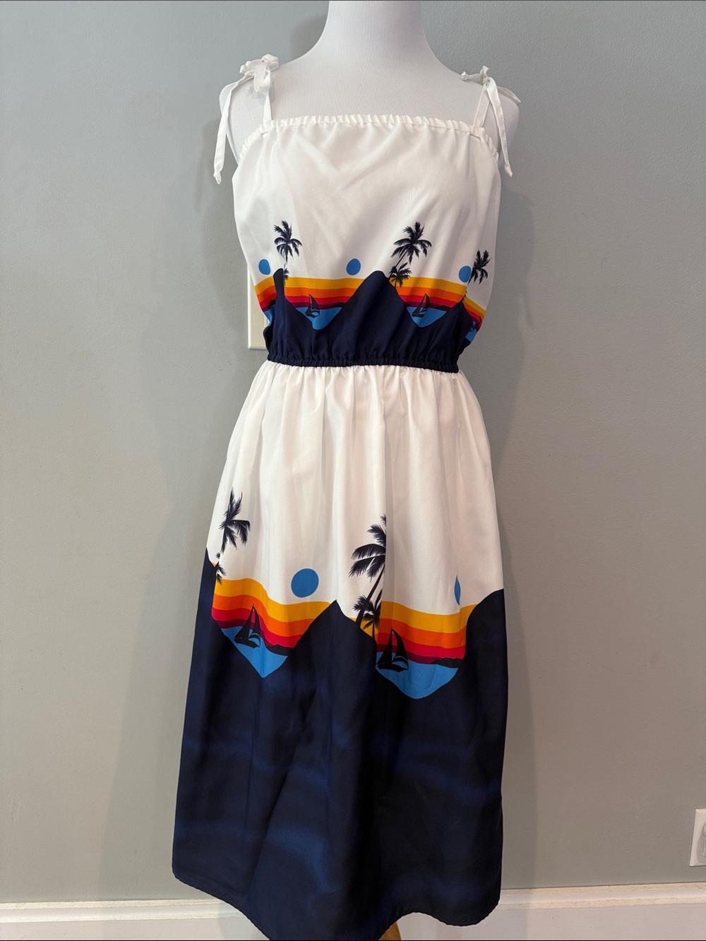 Vintage White Navy Midi Dress with Sunset Stripe Print